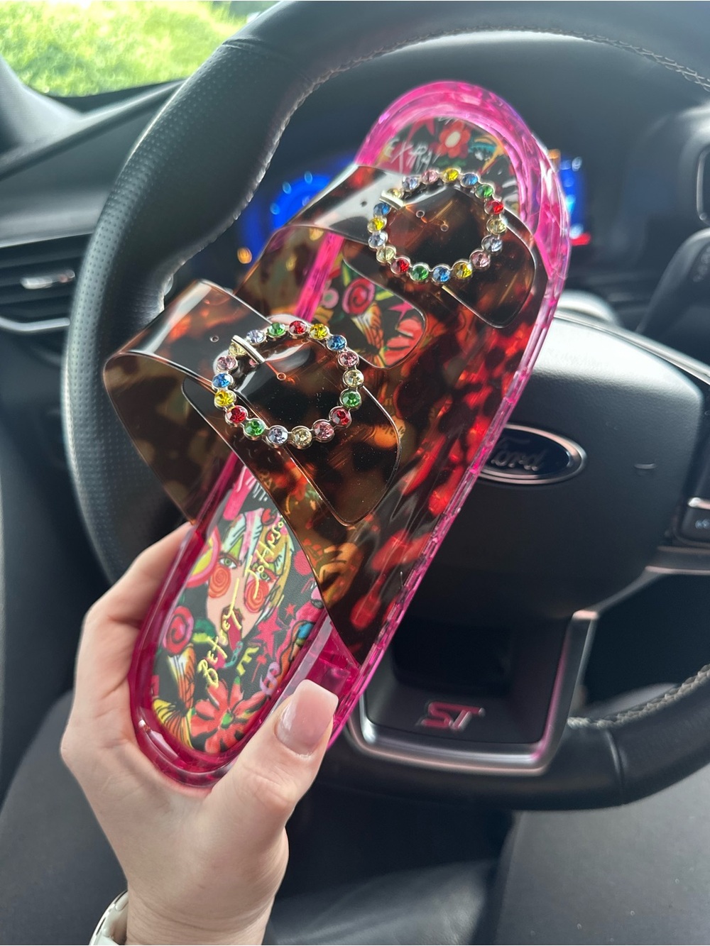 Pink Jelly Slide Sandals with Tortoiseshell Straps & Rhinestone Buckles